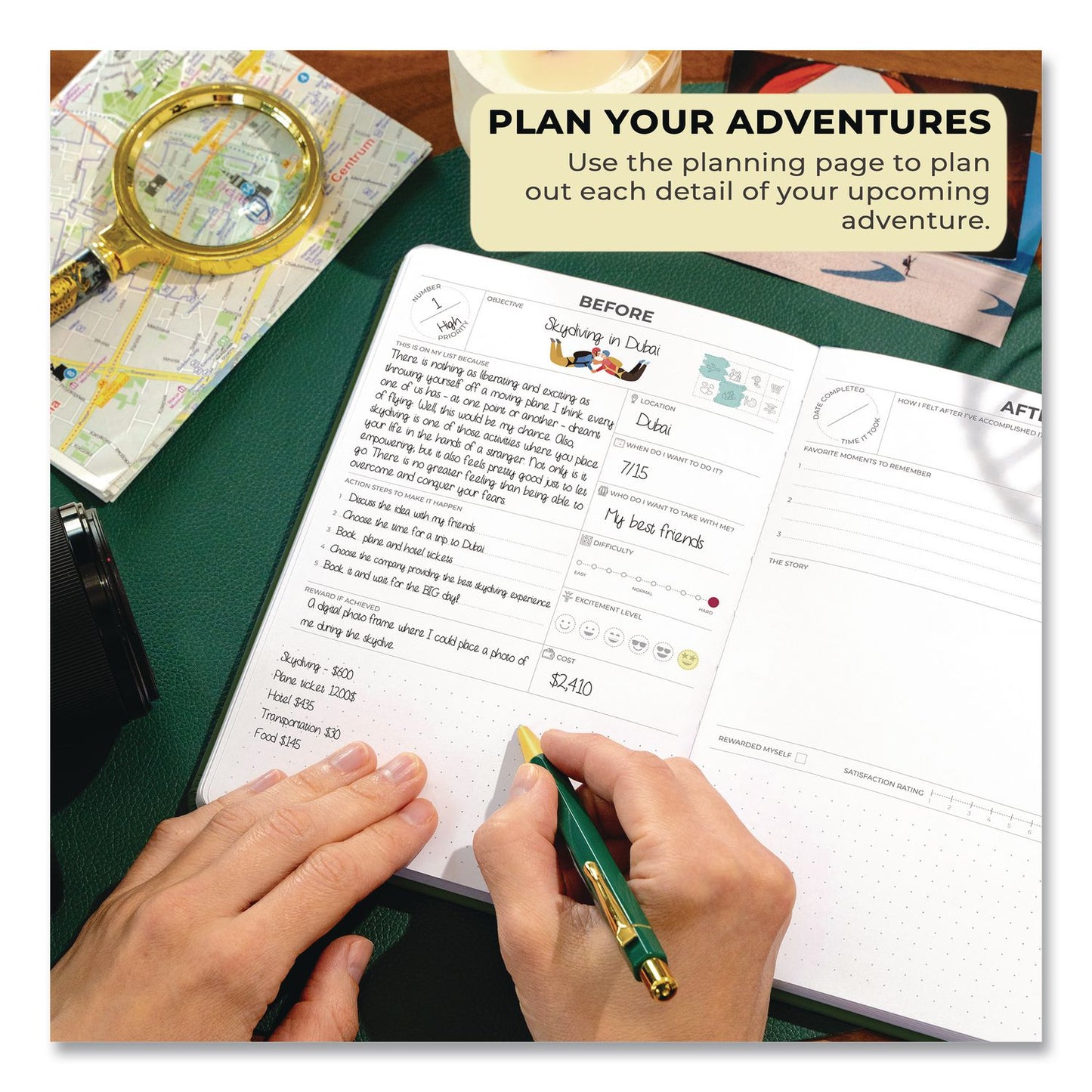 Clever Fox® Bucket List Journal, 100 Entries with Before/After Pages, Engraved Adventure Artwork, Forest Green Cover, 8.3 x 5.8 Sheets (LFXF1ZAJ2SU33)