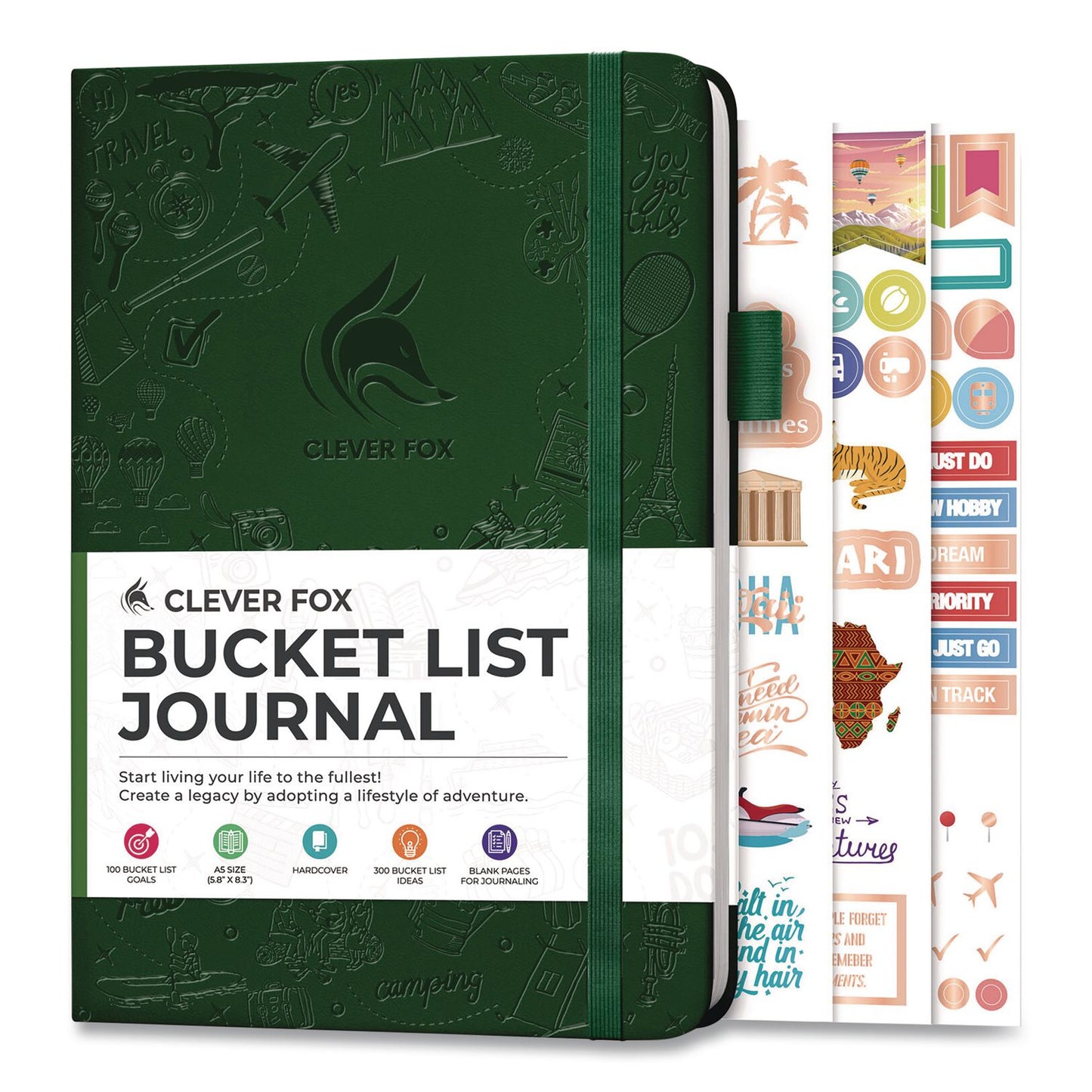 Clever Fox® Bucket List Journal, 100 Entries with Before/After Pages, Engraved Adventure Artwork, Forest Green Cover, 8.3 x 5.8 Sheets (LFXF1ZAJ2SU33)