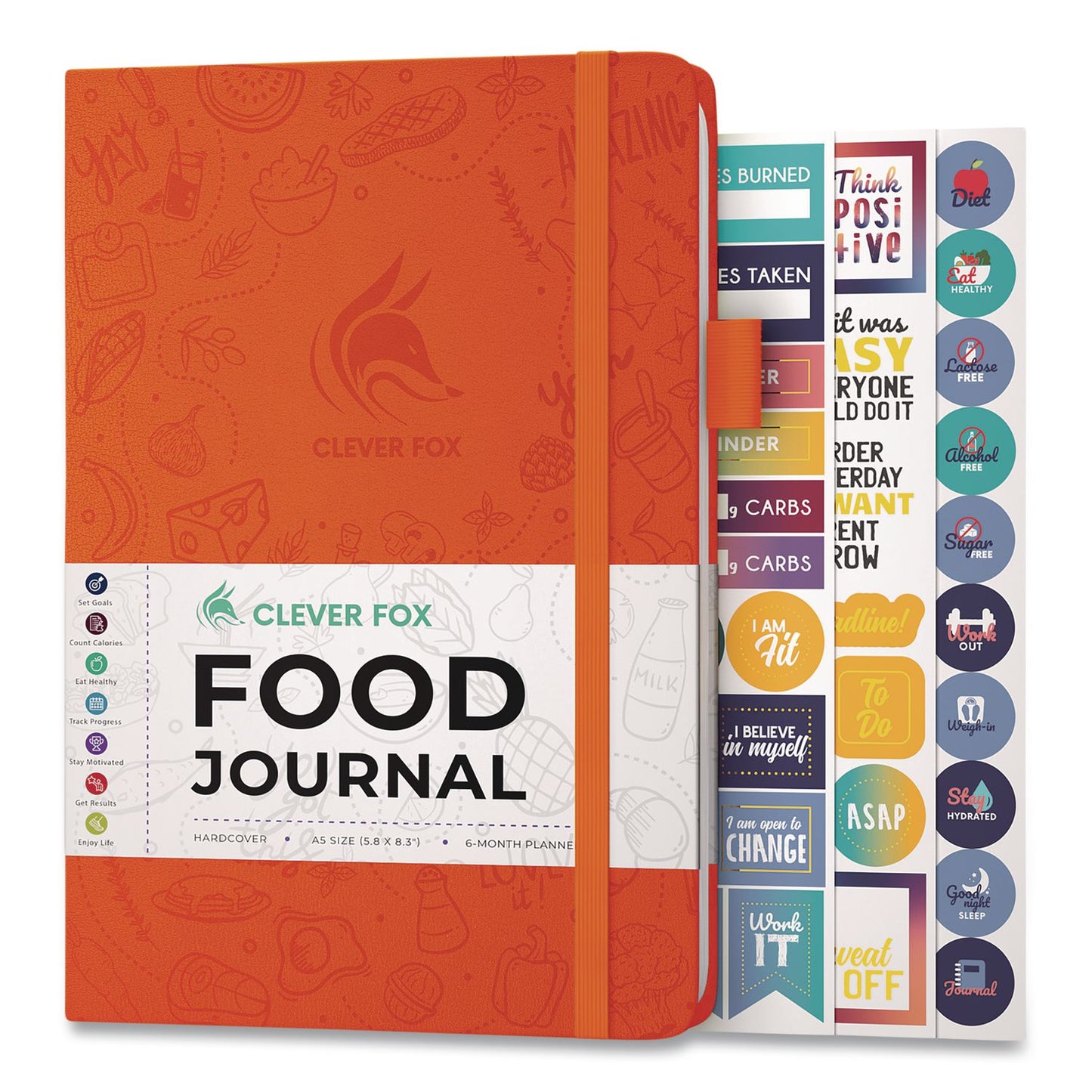 Clever Fox® Food Journal, Undated Six-Month Format, Engraved Food and Fitness Artwork, Orange Cover, 8.3 x 5.8 Sheets (LFXKL33NAAXO2)