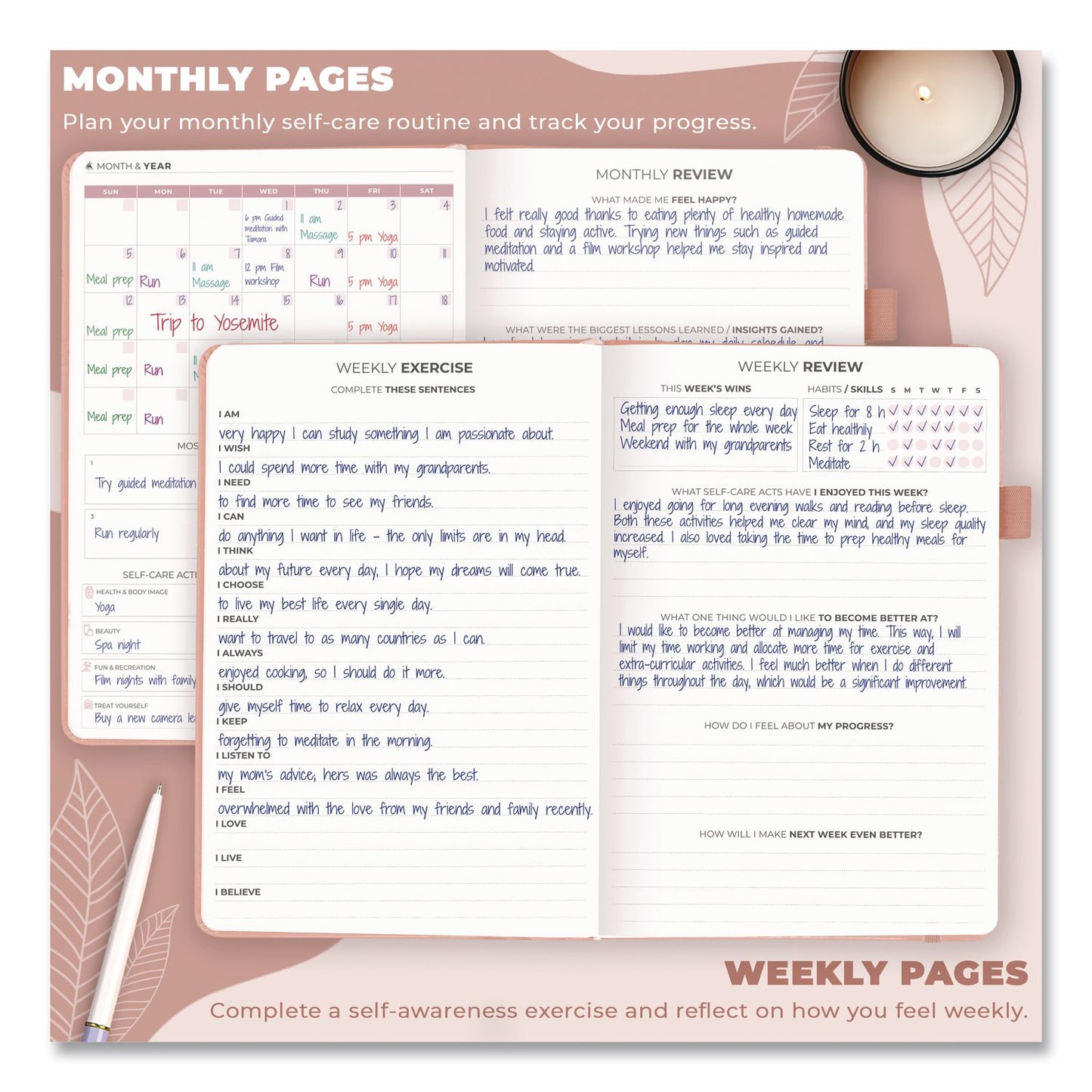 Clever Fox® Self-Care Journal, Undated 90-Day Daily/Weekly/Monthly Format, Light Pink Cover, 8.3 x 5.8 Sheets (LFXOGA9GL3V1E)