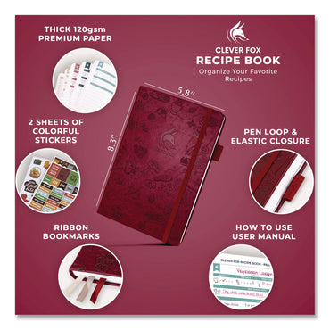 Clever Fox® Recipe Book, Customizable Space for 60 Recipes, Engraved Food and Kitchen Artwork, Burgundy Cover, 8.3 x 5.8 Sheets (LFXTF8NP4O50F)