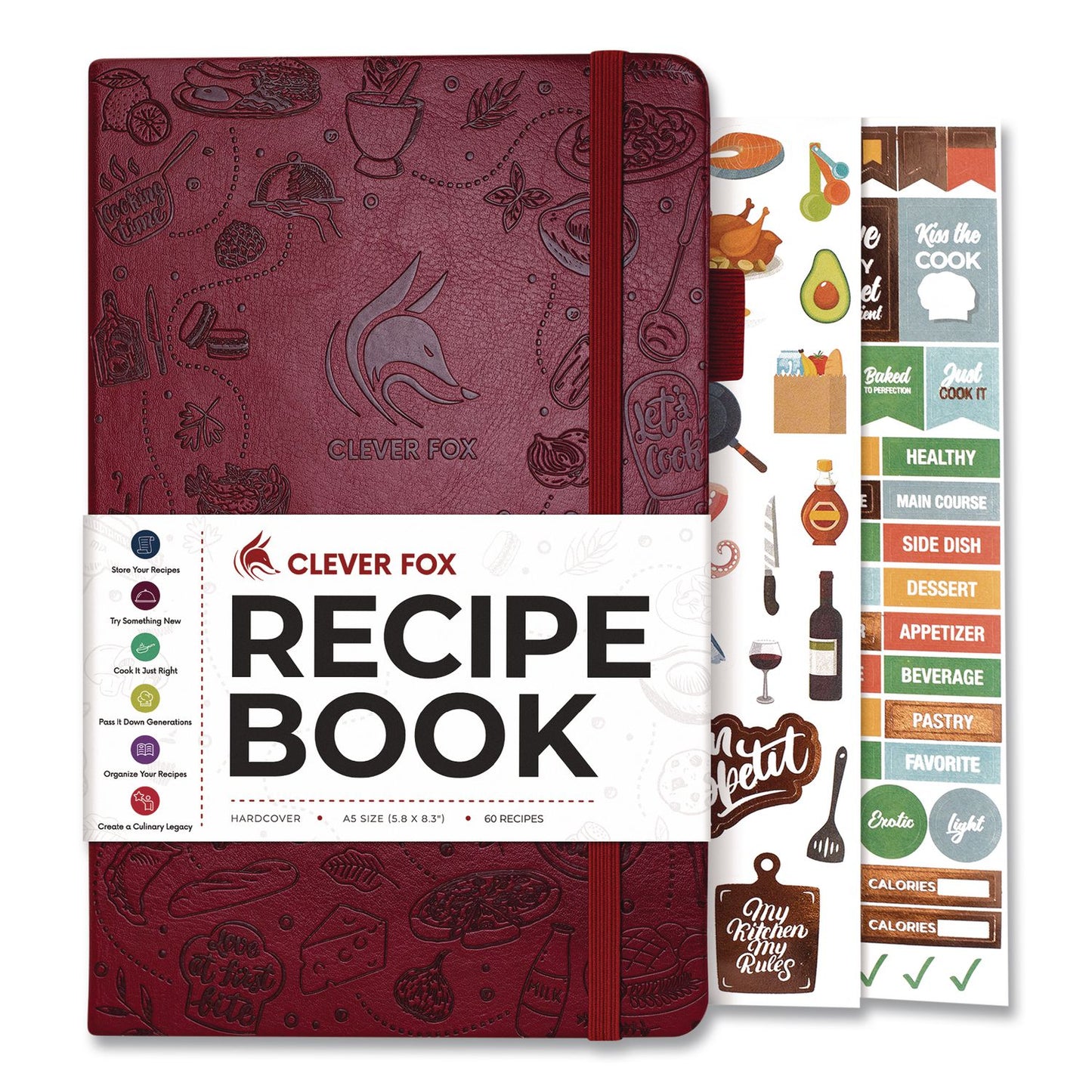 Clever Fox® Recipe Book, Customizable Space for 60 Recipes, Engraved Food and Kitchen Artwork, Burgundy Cover, 8.3 x 5.8 Sheets (LFXTF8NP4O50F)