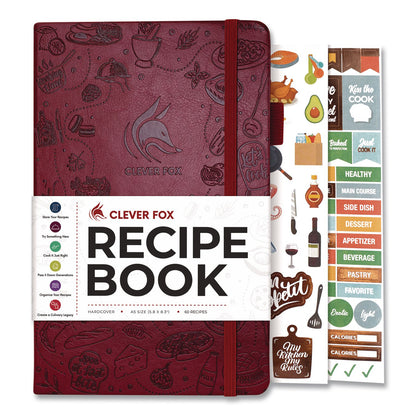 Clever Fox® Recipe Book, Customizable Space for 60 Recipes, Engraved Food and Kitchen Artwork, Burgundy Cover, 8.3 x 5.8 Sheets (LFXTF8NP4O50F)