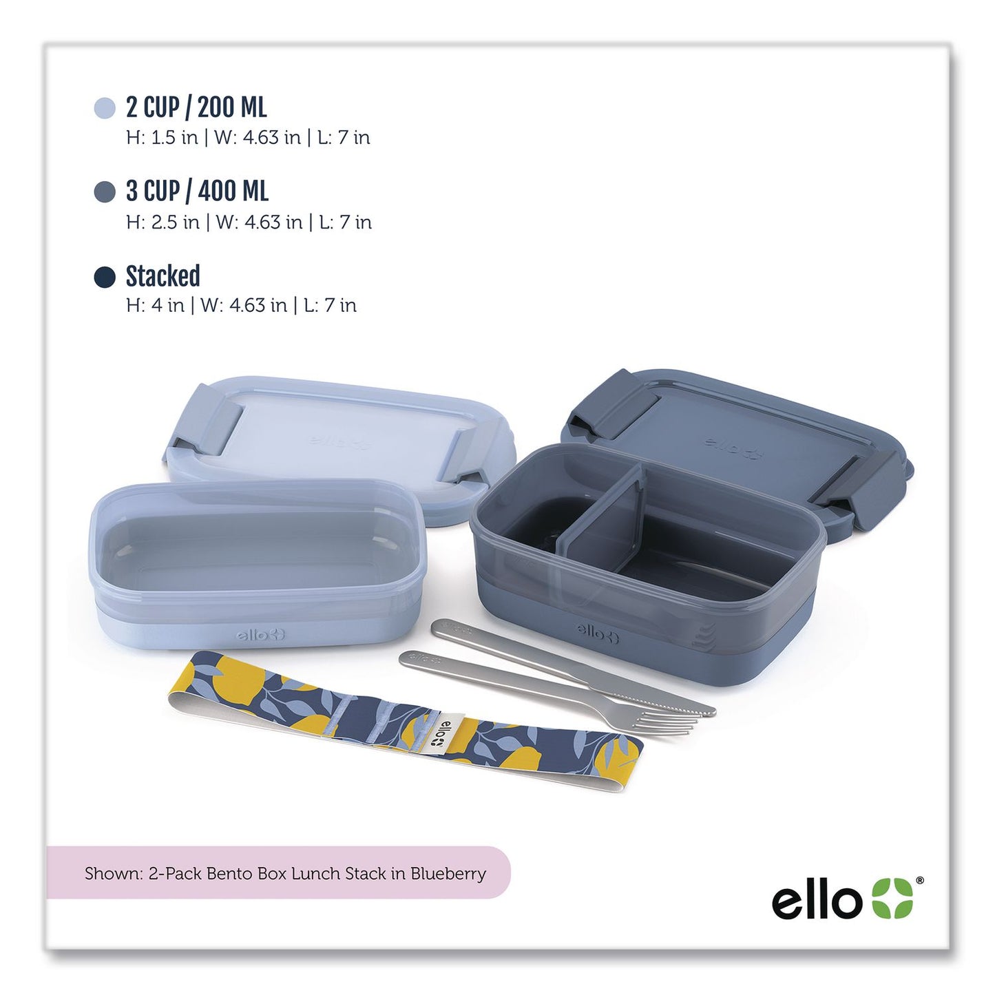 ello® Lunch Stack Bento Box, 2 Containers, 5.24 x 7.13 x 4.41, Blue (LFC62124449206)