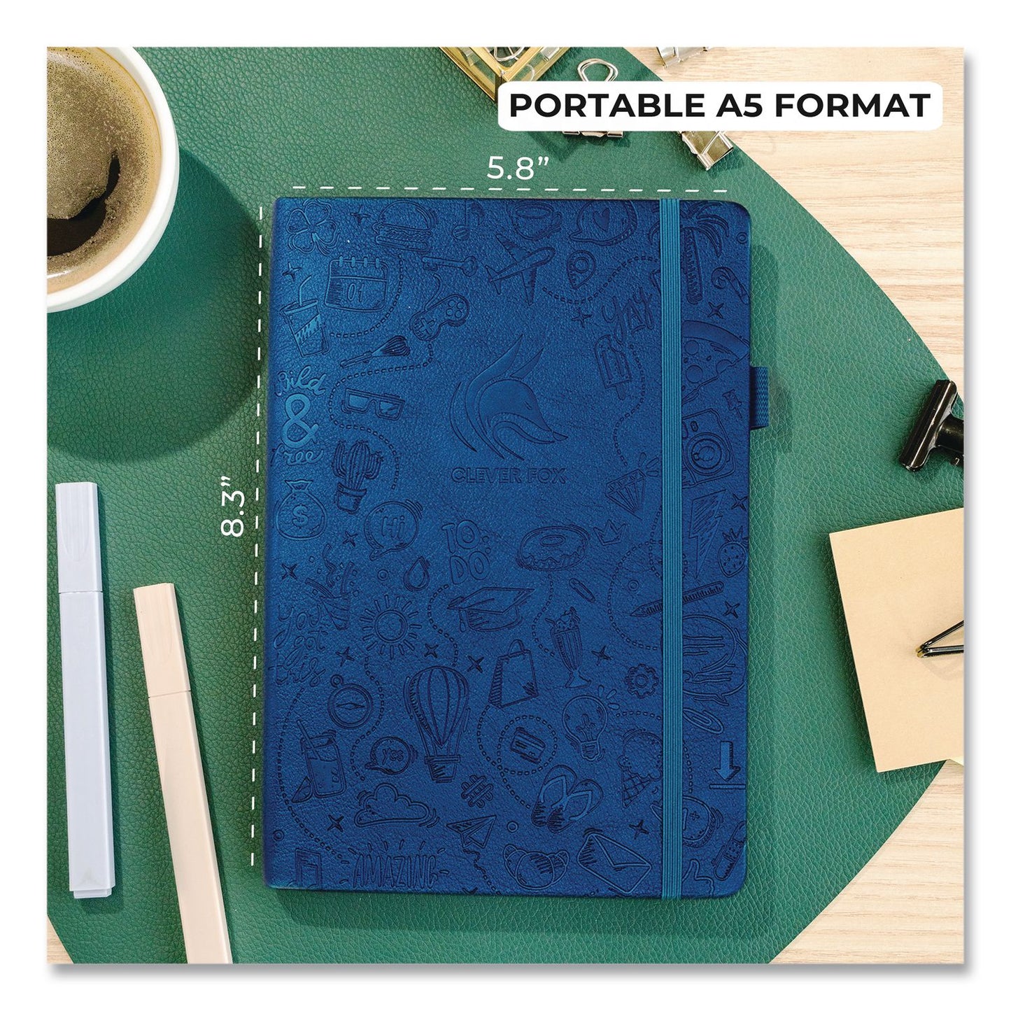 Clever Fox® Dotted Journal 2.0, Engraved Daily Life Artwork, Dotted Rule, Navy Blue Cover, (80) 8.3 x 5.8 Sheets (LFX4J7Y7G96QA)