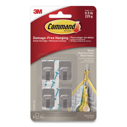 Command™ Small Stainless Steel Metal Hooks, Metal, Silver, Supports 0.5 lb, 4/Pack (MMM17031SS4ESF)