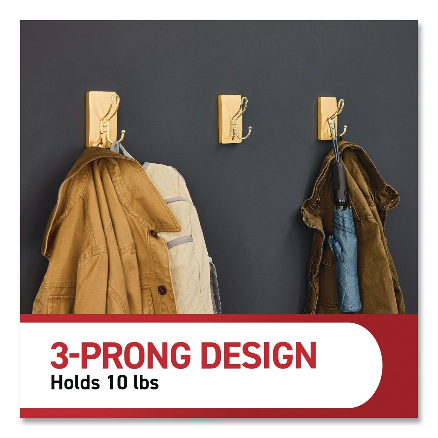 Command™ Decorative X-Large Triple Hooks, Plastic, Satin Brass, Supports 10 lb, 2/Pack (MMM17038BR2ES)