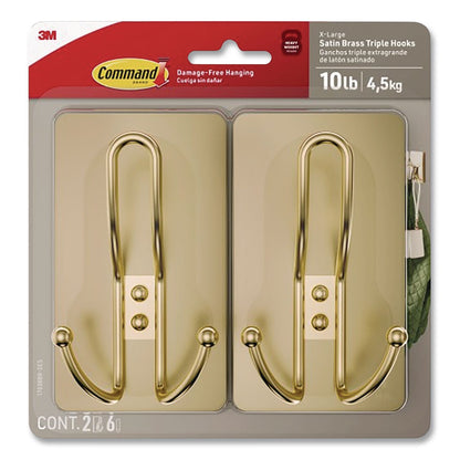 Command™ Decorative X-Large Triple Hooks, Plastic, Satin Brass, Supports 10 lb, 2/Pack (MMM17038BR2ES)