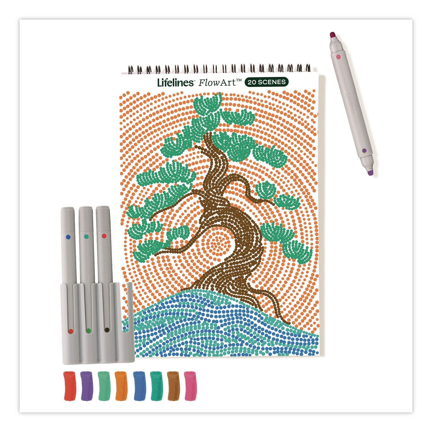 Lifelines® FlowArt Dot-By-Letter Coloring Book, Landscapes, with 4 Double-Sided Markers, All Ages, 20 Pages (LLN165008)
