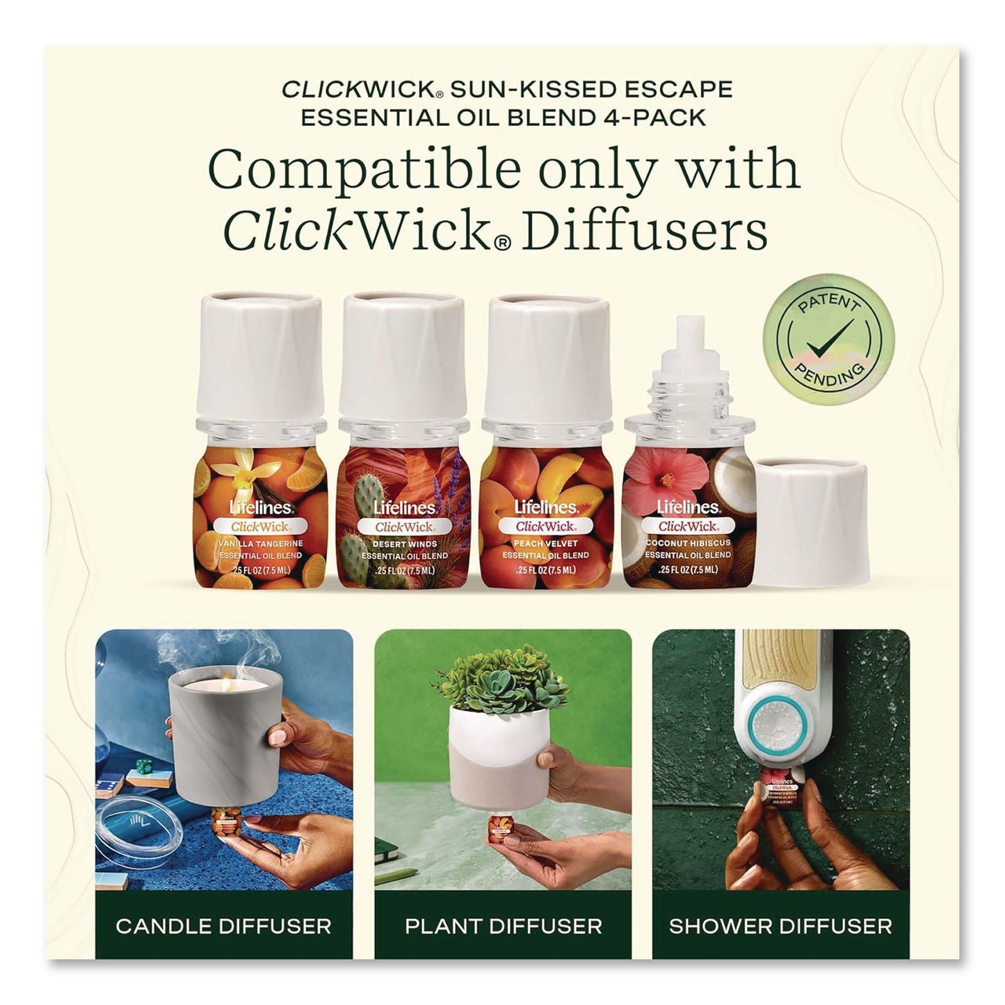 Lifelines® ClickWick Sunkissed Escape Essential Oil Set, Coconut Hibiscus/Desert Winds/Peach Velvet/Vanilla Tangerine, 0.25 oz Bottle (LLNLL113008)