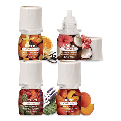 Lifelines® ClickWick Sunkissed Escape Essential Oil Set, Coconut Hibiscus/Desert Winds/Peach Velvet/Vanilla Tangerine, 0.25 oz Bottle (LLNLL113008)