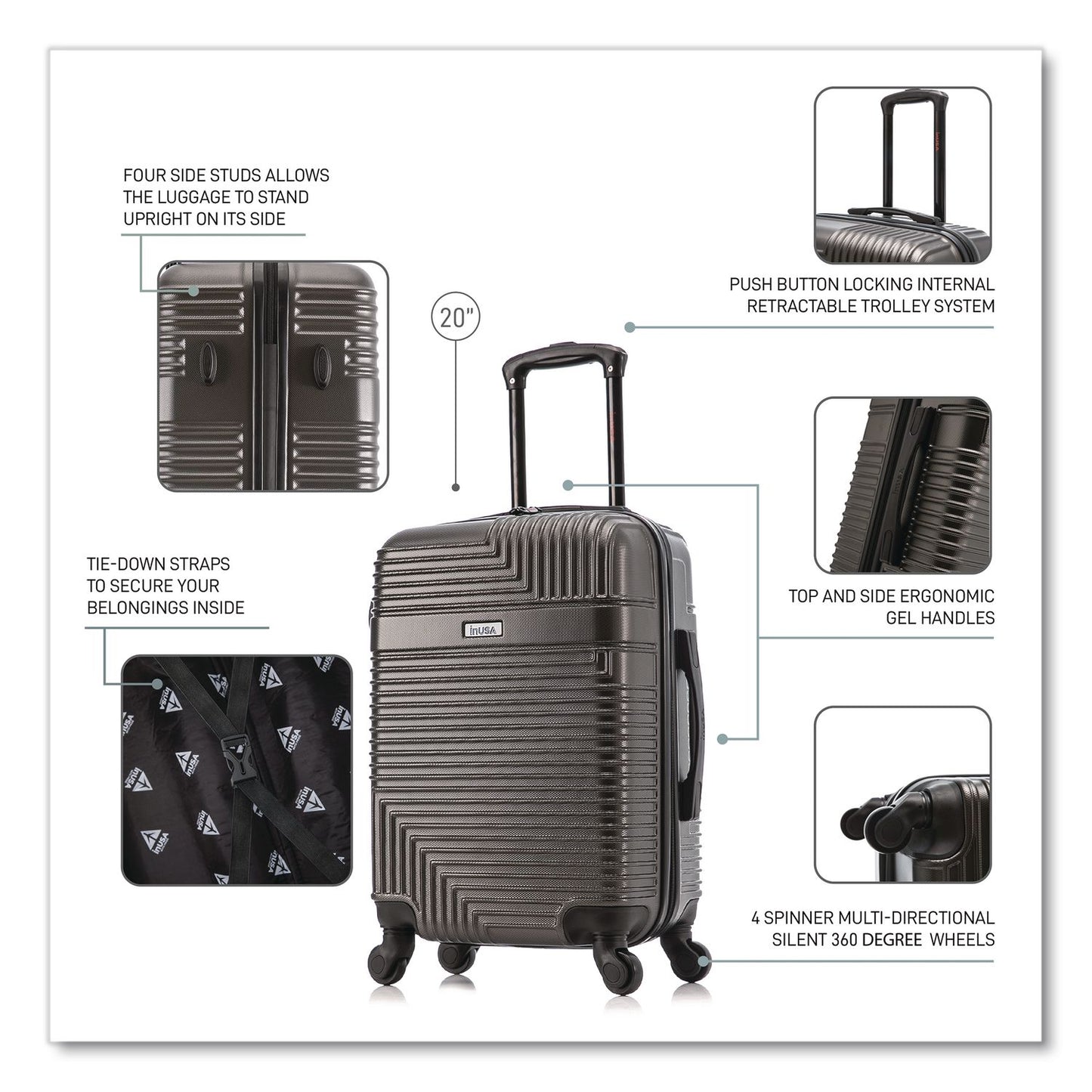InUSA Luggage Resilience 20" Hardside Carry-On Suitcase, 14.96 x 8.66 x 21.65, Charcoal (WLBIURES00SCOA)