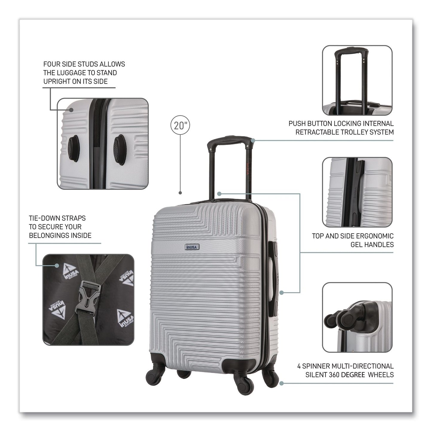InUSA Luggage Resilience 20" Hardside Carry-On Suitcase, 14.96 x 8.66 x 21.65, Silver (WLBIURES00SSIL)