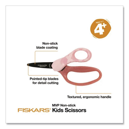 Fiskars® MVP Dance Kid's Scissors, Pointed Tip, 5" Long, Straignt Pink Handle (FSK1073415)