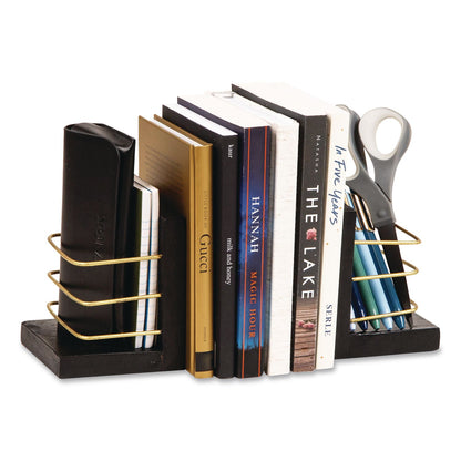 Mind Reader Wood Decorative Basket Bookends, Nonslip Base, 4 x 4 x 5, Wood/Metal, Brown/Gold (EMSBOOKBASK2BLK)