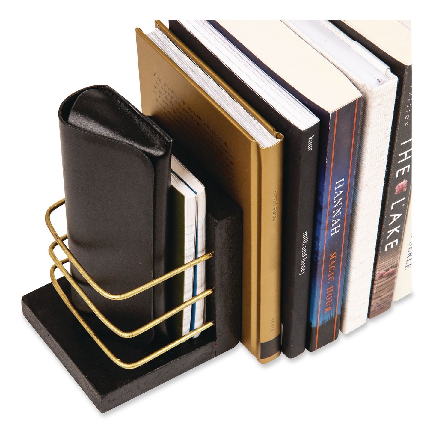 Mind Reader Wood Decorative Basket Bookends, Nonslip Base, 4 x 4 x 5, Wood/Metal, Brown/Gold (EMSBOOKBASK2BLK)