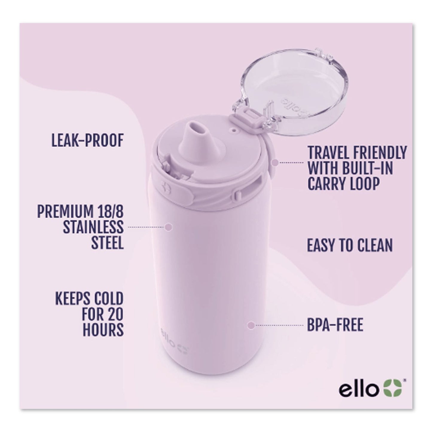 ello® Cooper Stainless Steel Double Wall Insulated Water Bottle, 18 oz, Lilac (LFC47909990626)