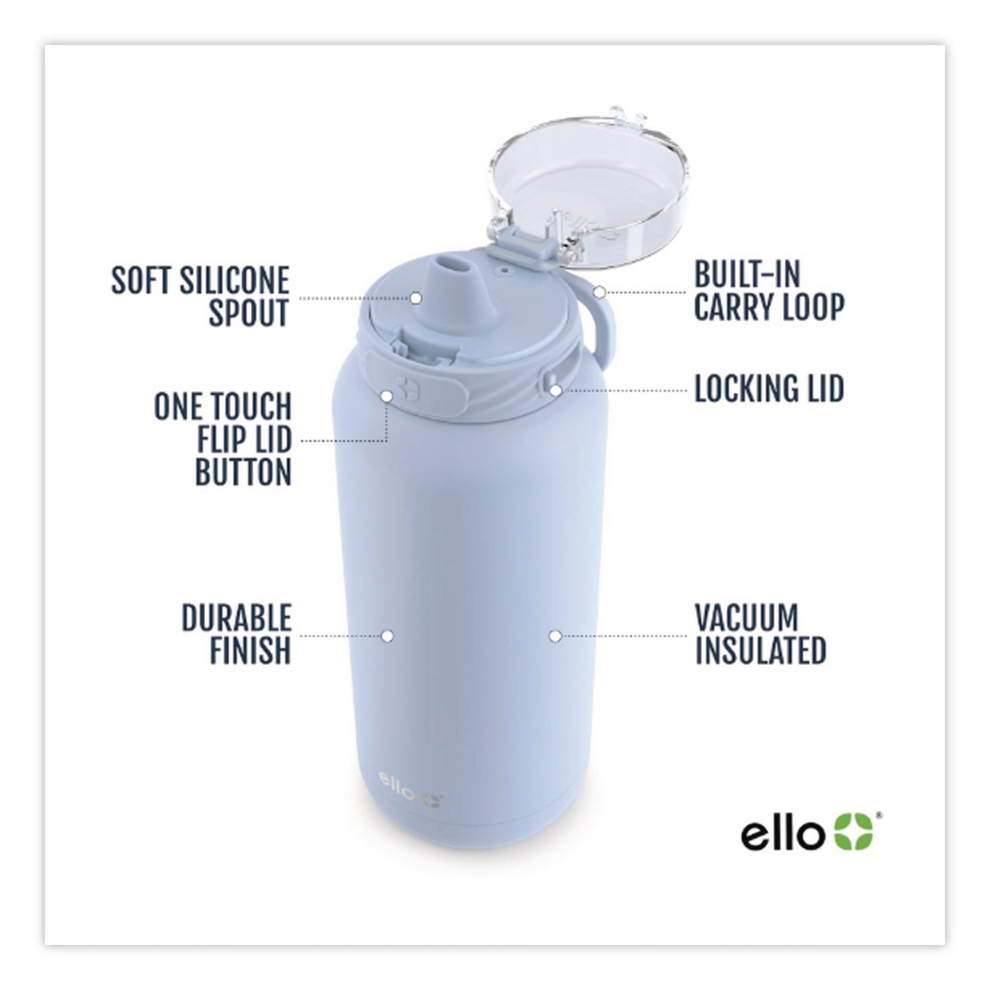 ello® Cooper Stainless Steel Vacuum Insulated Water Bottle, 32 oz, Halogen Blue (LFC48909990256)