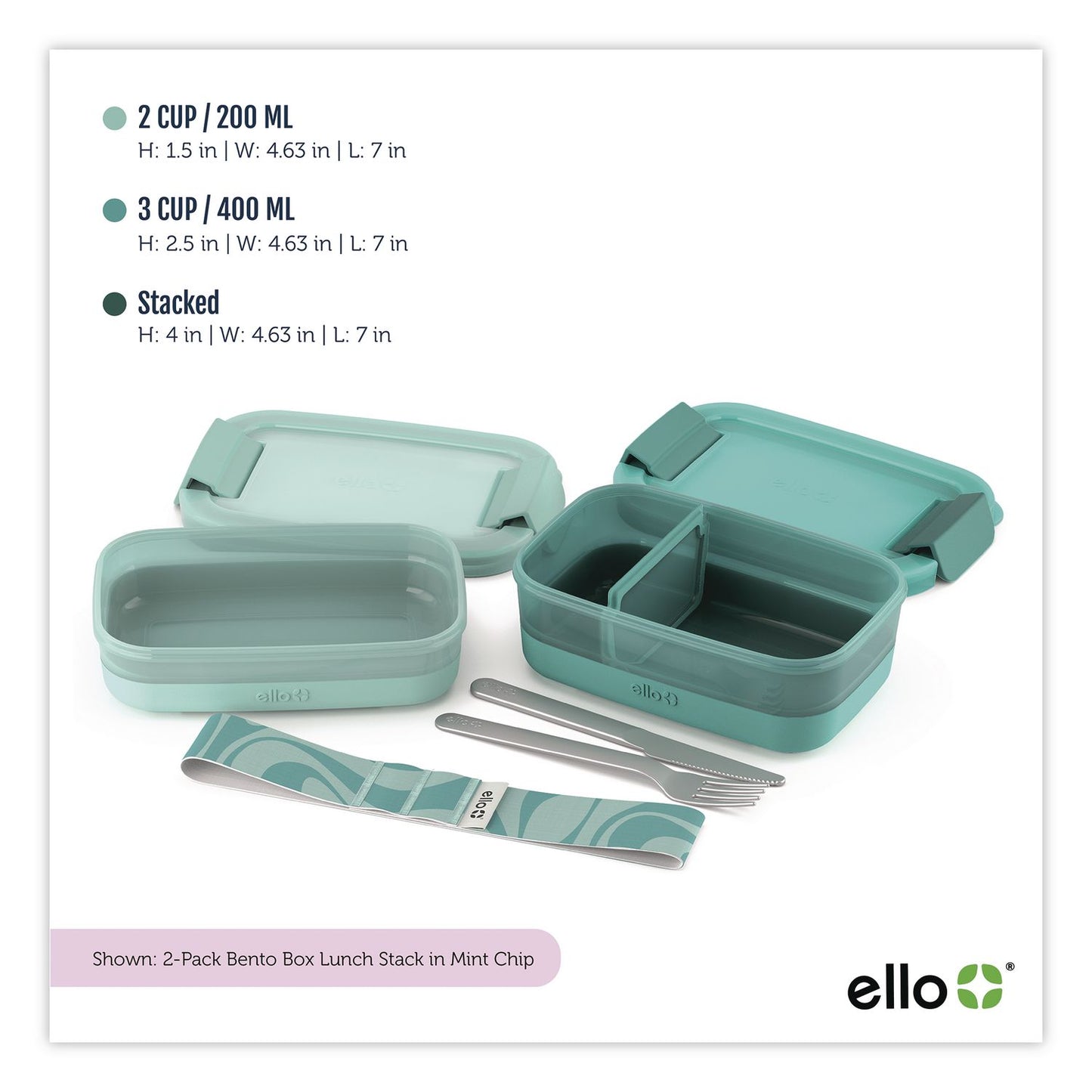 ello® Lunch Stack Bento Box, 2 Containers, 5.24 x 7.13 x 4.41, Mint Chip (LFC62124449356)