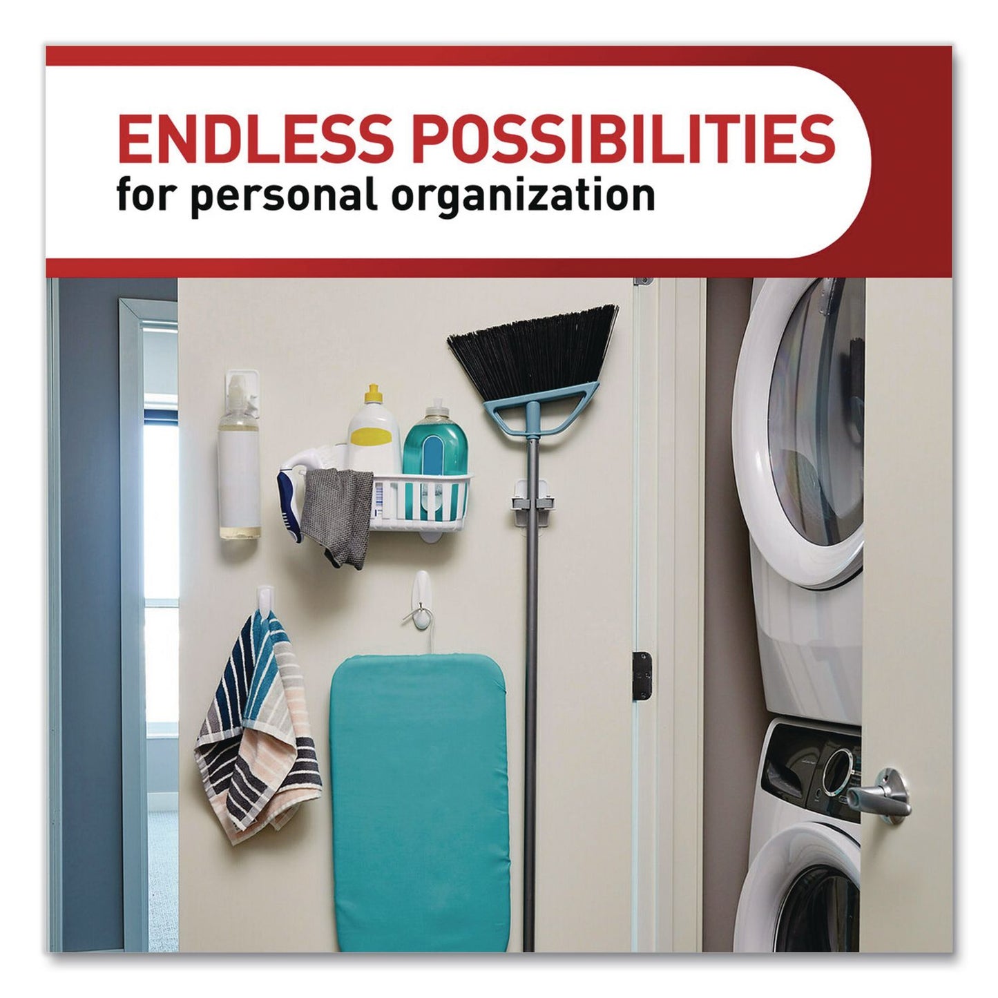 Command™ Closet Organization Essentials Variety Kit, Broom Gripper and (2) Utility Hooks, Plastic, White, Supports 4 lb, 3/Pack (MMM17235ES)
