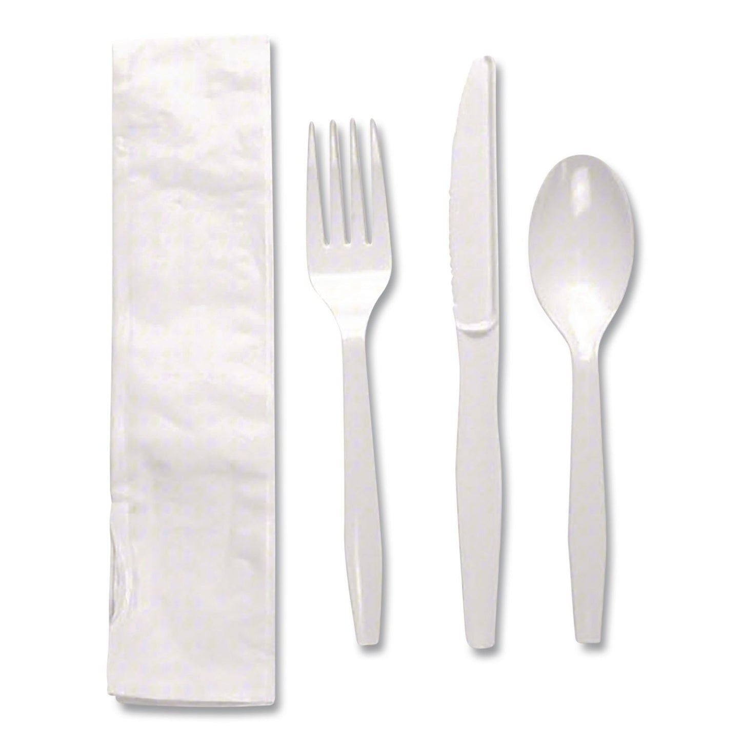 Dixie® Individually Wrapped Mediumweight Polystyrene Cutlery, Fork/Knife/Teaspoon/Napkin, Plastic, White, 250/Carton (DXECM26NC7)