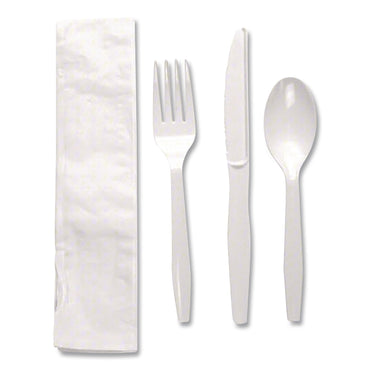 Dixie® Individually Wrapped Mediumweight Polystyrene Cutlery, Fork/Knife/Teaspoon/Napkin, Plastic, White, 250/Carton (DXECM26NC7)