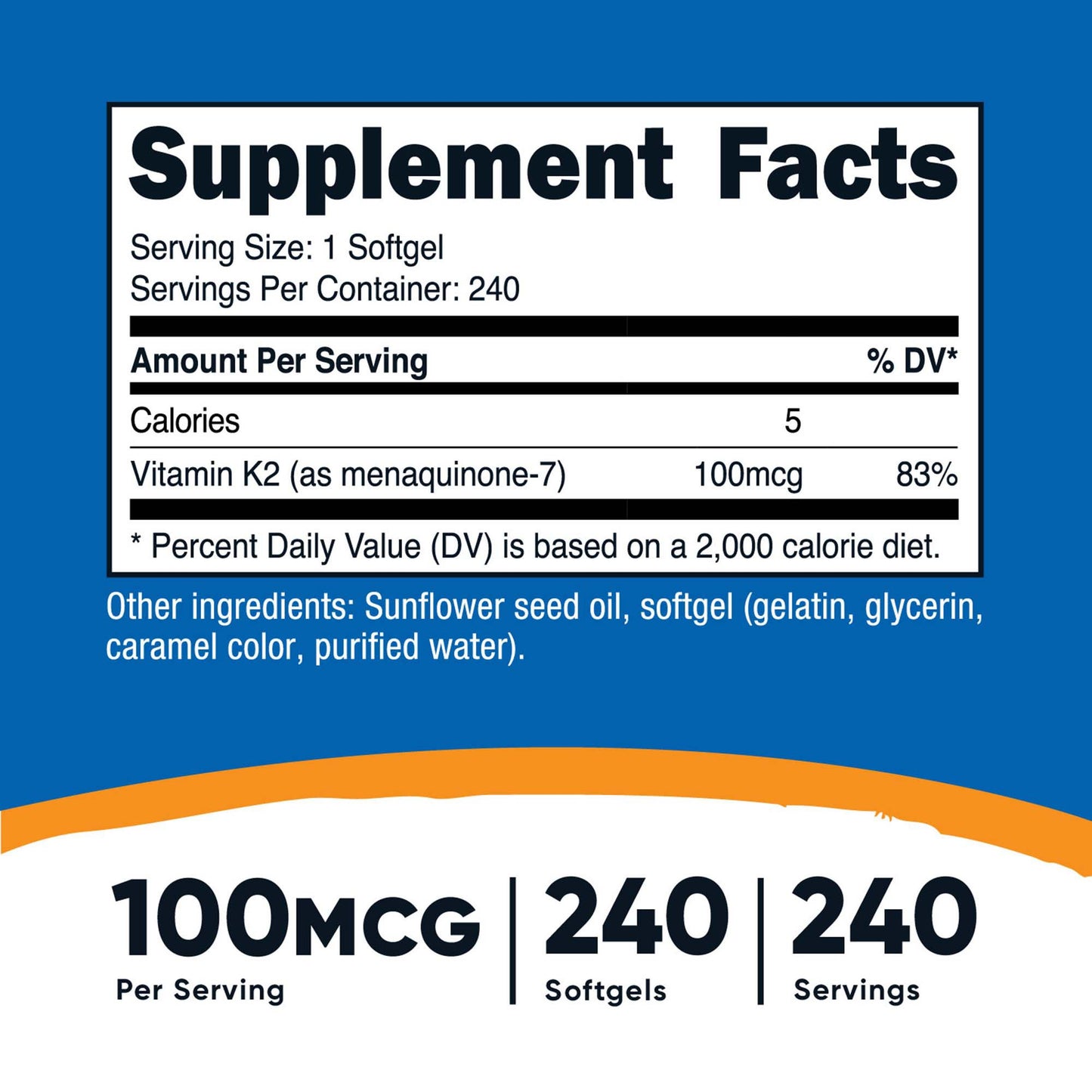nutricost® Dietary Supplement Vitamin K2 MK-7 100 mcg Strength Softgel 240 Per Bottle (1270244_BT)
