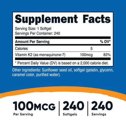 nutricost® Dietary Supplement Vitamin K2 MK-7 100 mcg Strength Softgel 240 Per Bottle (1270244_BT)