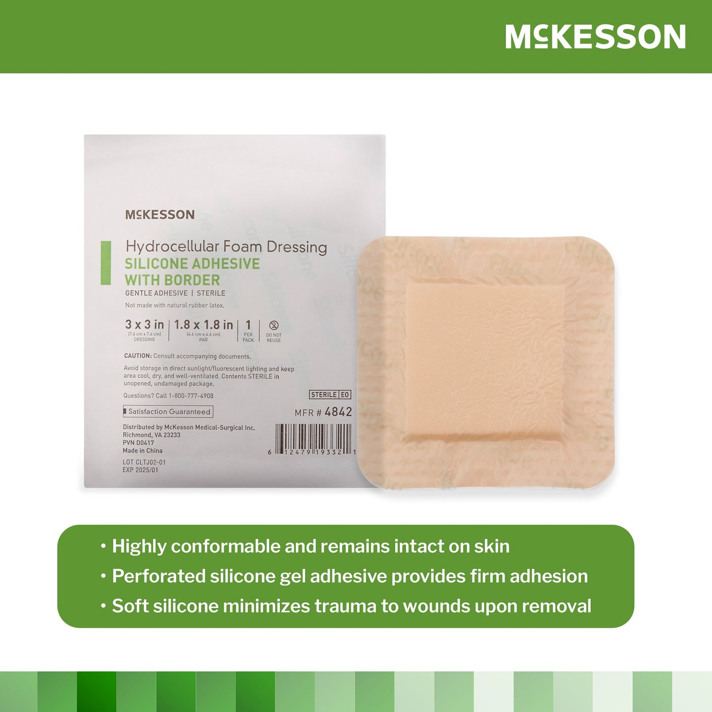 McKesson Foam Dressing 3 X 3 Inch With Border Film Backing Silicone Gel Adhesive Square Sterile (886431_BX)
