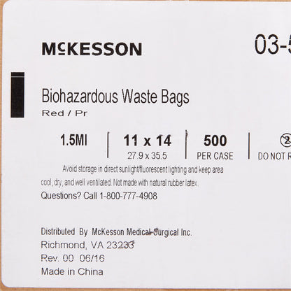 McKesson Biohazard Waste Bag Biohazard Symbol / Infectious Waste 1 to 6 gal. Red 11 X 14 Inch (196264_CS)