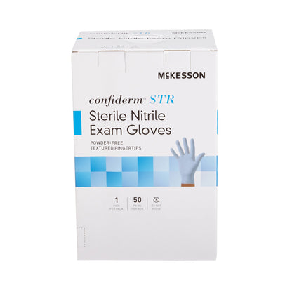 McKesson Confiderm® STR Exam Glove X-Large Sterile Pair Nitrile Standard Cuff Length Textured Fingertips Blue Not Rated (1065408_BX)