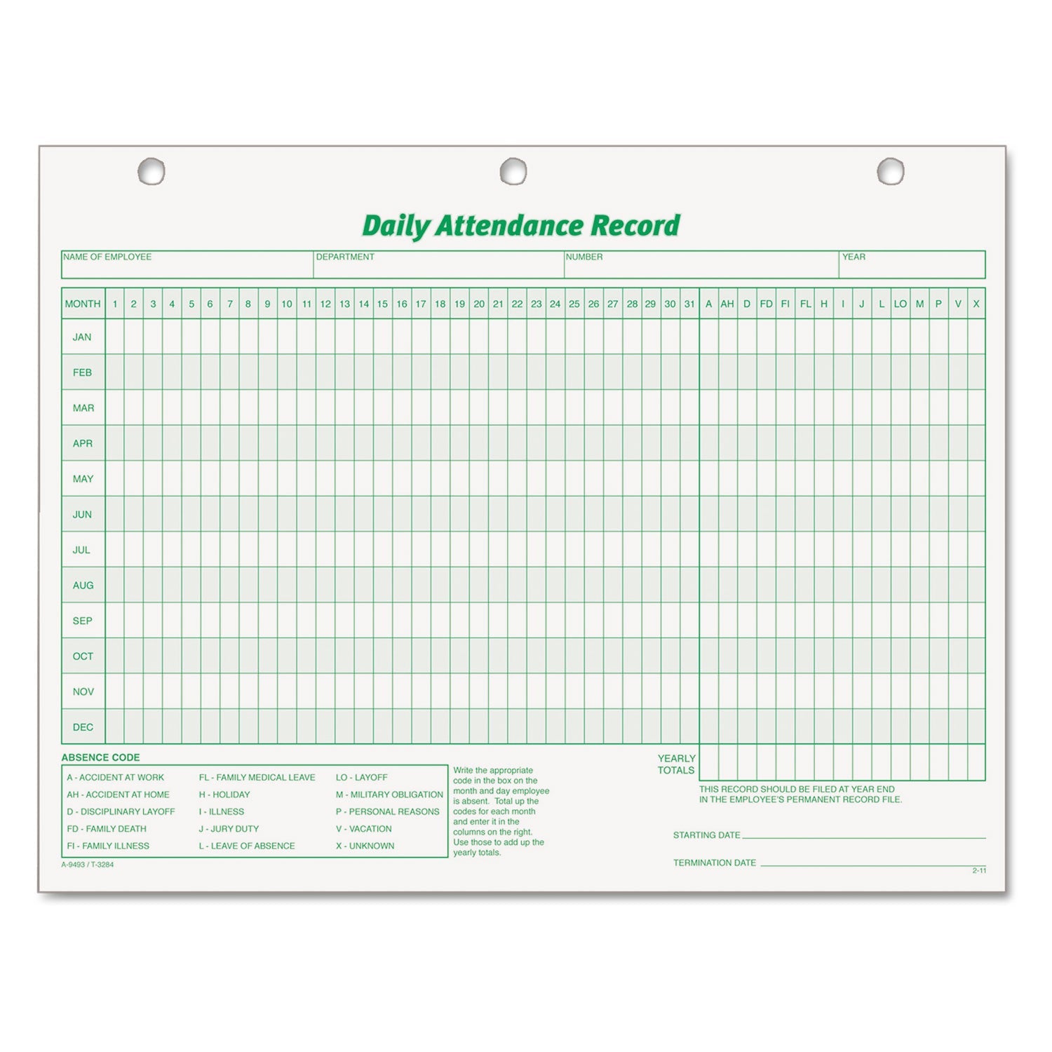 TOPS™ Daily Attendance Card, One-Part (No Copies), 11 x 8.5, 50 Forms ...