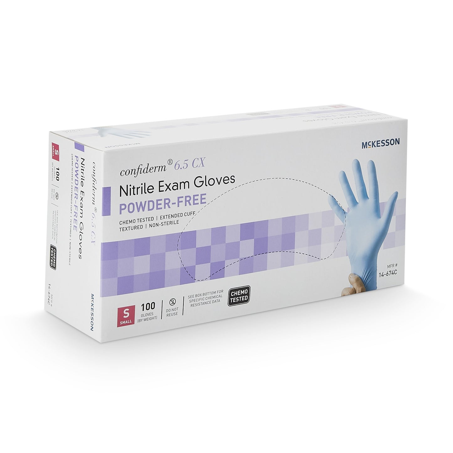McKesson Confiderm® 6.5CX Exam Glove Small NonSterile Nitrile Extended Cuff Length Textured Fingertips Blue Chemo Tested (921606_BX)