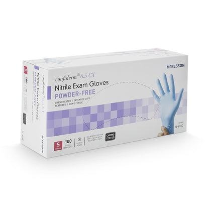 McKesson Confiderm® 6.5CX Exam Glove Small NonSterile Nitrile Extended Cuff Length Textured Fingertips Blue Chemo Tested (921606_CS)