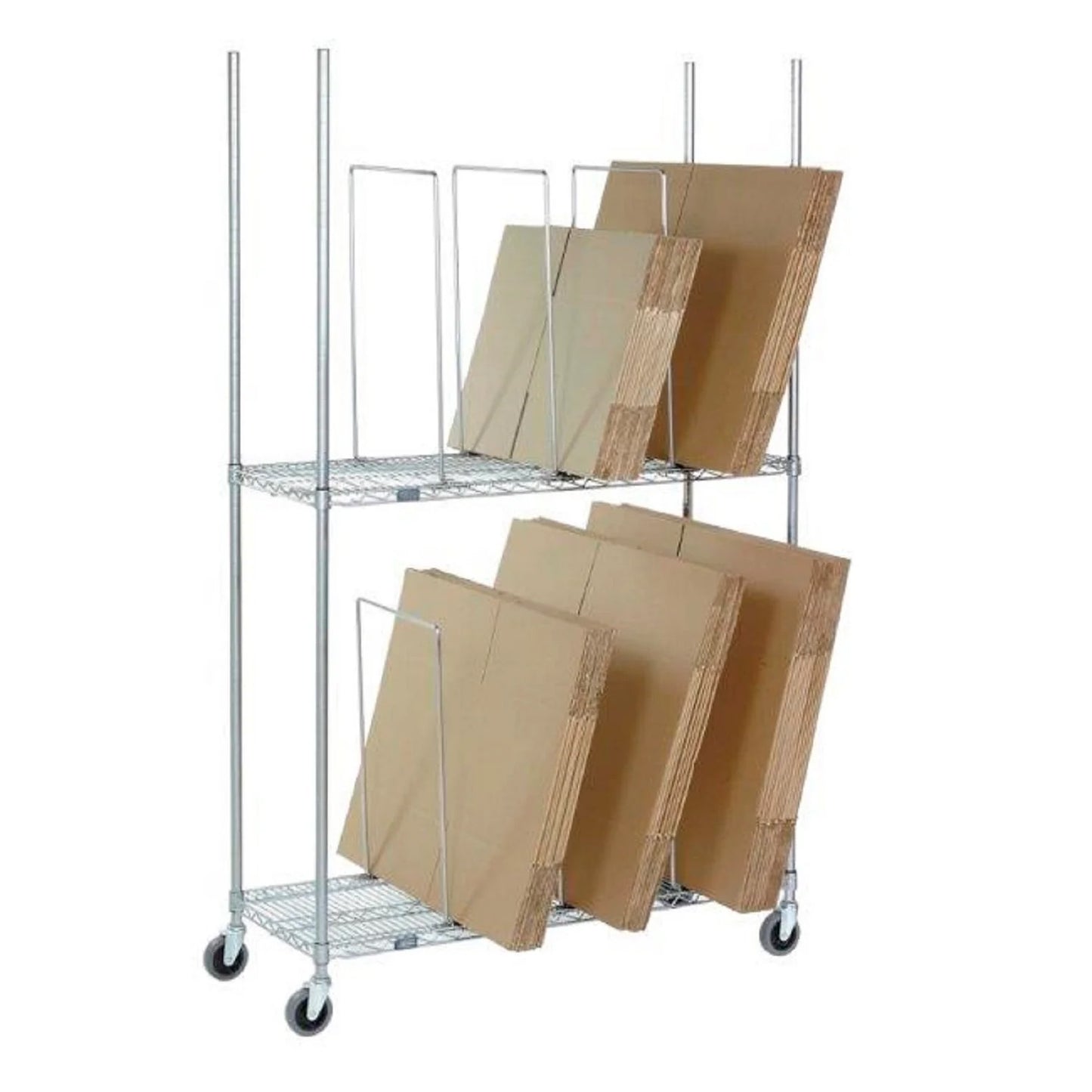 Global Industrial Dual Level Carton Stand w/ 6 Dividers & Casters, 48"L x 18"W x 78-1/2"H, Chrome (WB184205)