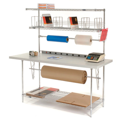 Global Industrial Packing Workbench W/Riser & 3 Shelves, Laminate Square Edge, 72"W x 30"D (WB185698)