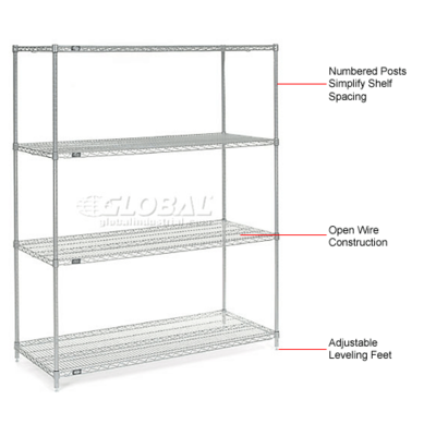 Nexel 4 Shelf, Chrome Wire Shelving Unit, Starter, 60"W x 24"D x 86"H (WB188452)