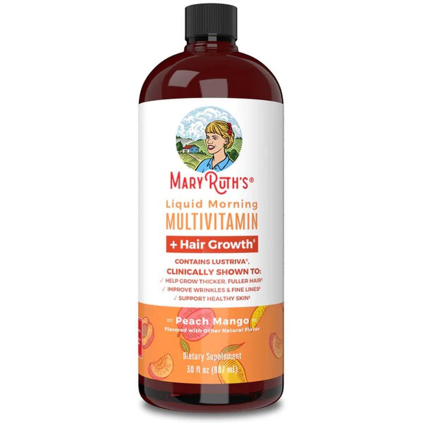 Mary Ruth's® Liquid Morning Multivitamin + Hair Growth Multivitamin Supplement Vitamin A / C / D / E 1,010 mcg - 90 mg - 20 mcg - 18 mg Strength Liquid 30 oz. Peach Mango Flavor (1271759_EA)