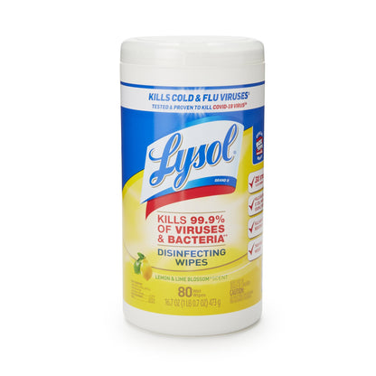 Lysol® Surface Disinfectant Cleaner Manual Pull Wipe 80 Count Canister Lemon Lime Blossom Scent NonSterile (1252369_CT)