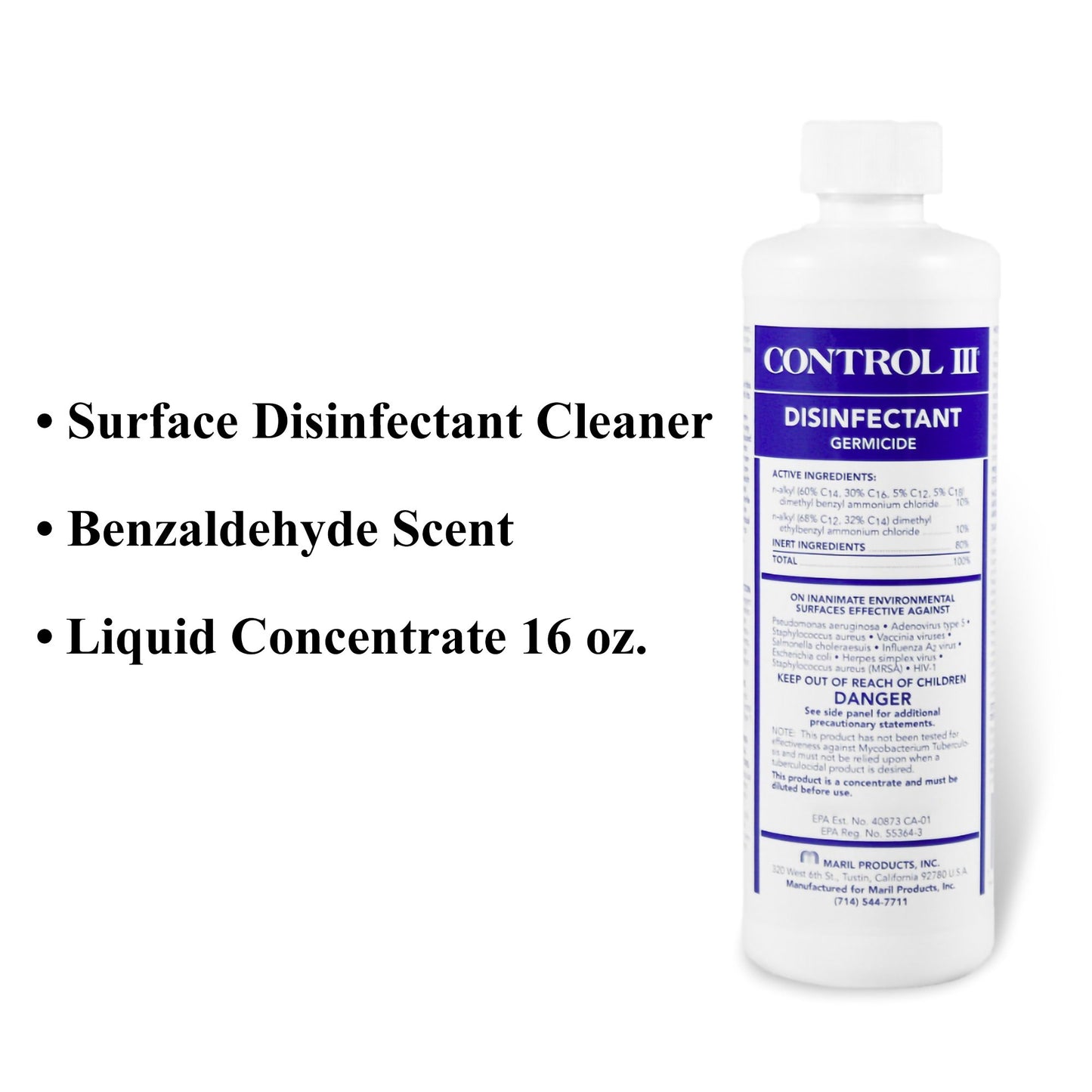 Control III® Disinfectant Germicide Surface Disinfectant Cleaner Quaternary Based Manual Pour Liquid Concentrate 16 oz. Bottle Benzaldehyde Scent NonSterile (484971_CS)