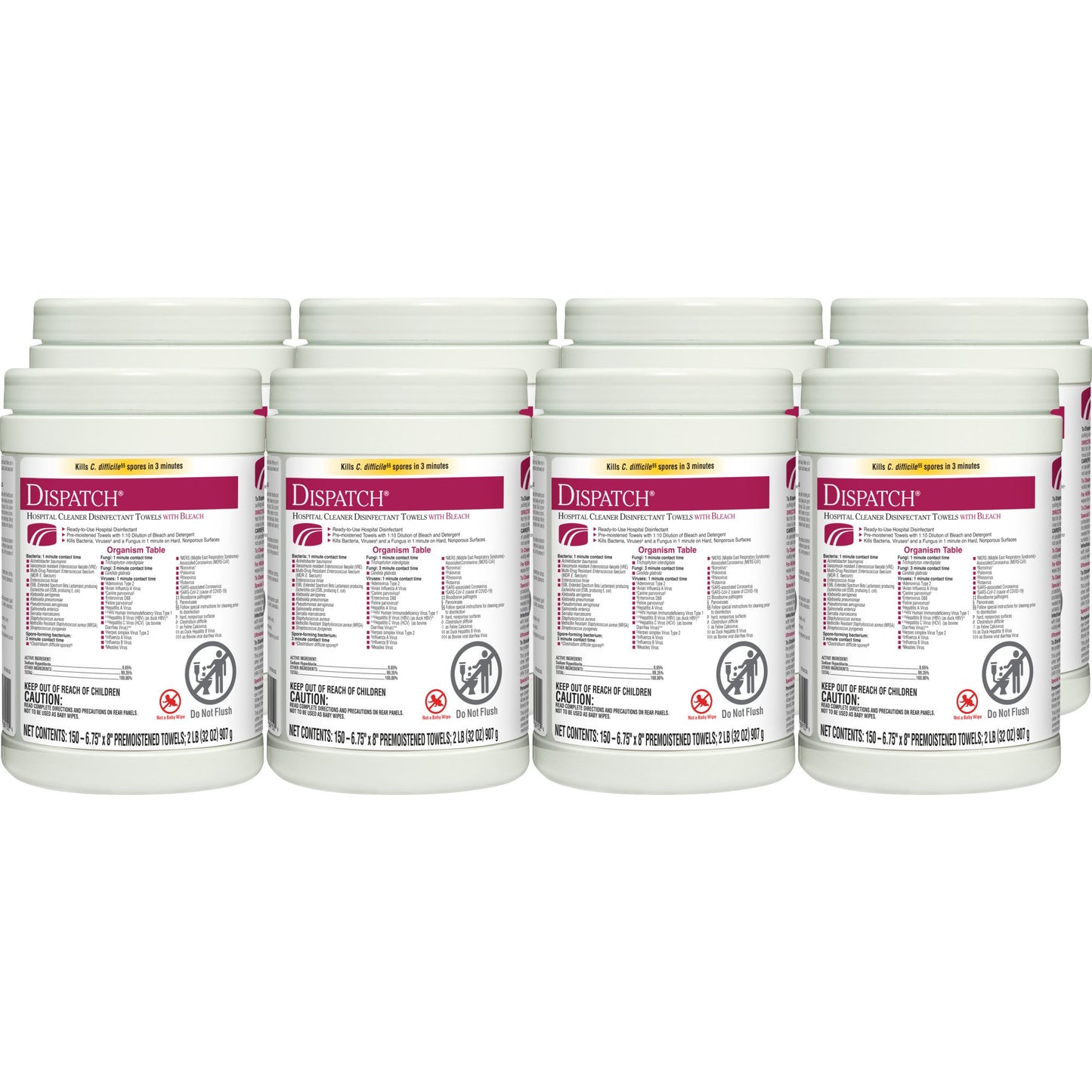 Dispatch® with Bleach Surface Disinfectant Cleaner Premoistened Manual Pull Wipe 150 Count Canister Fruity Floral Bleach Scent NonSterile (735385_PK)