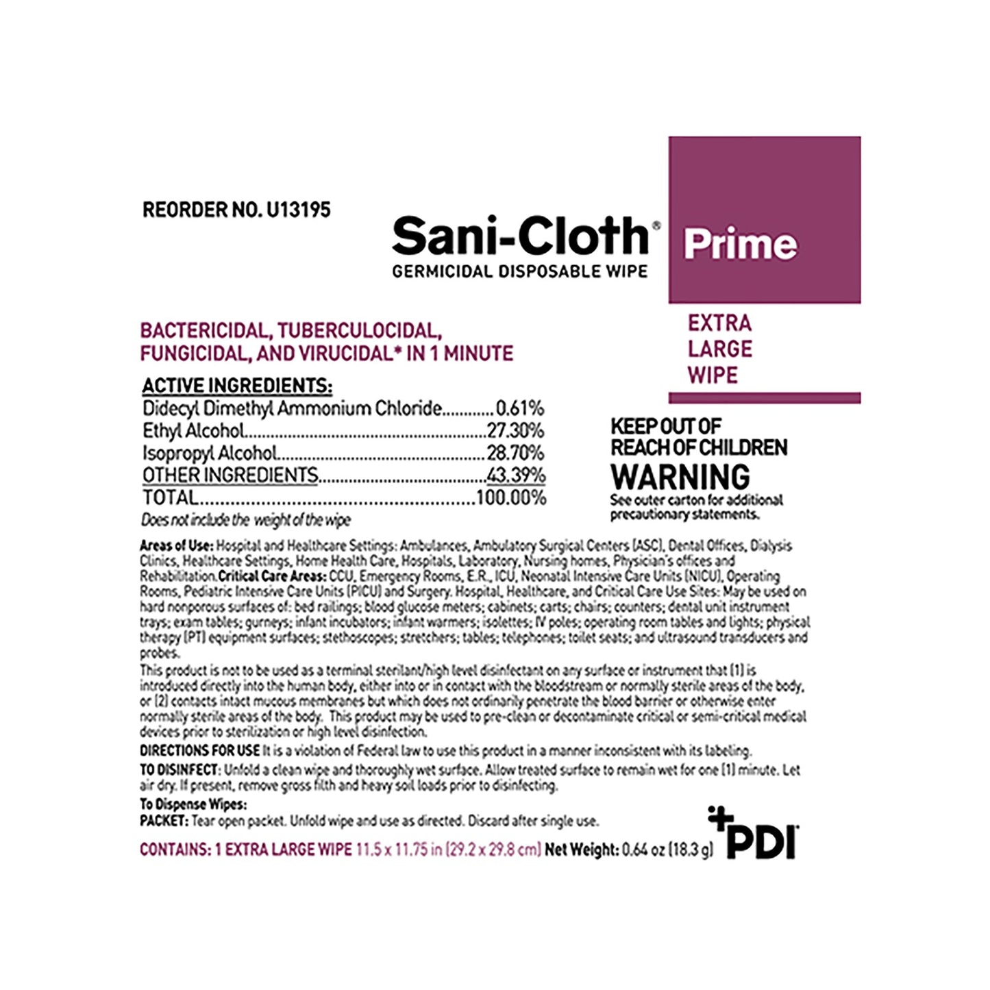 Sani-Cloth® Prime Surface Disinfectant Cleaner Premoistened Germicidal Manual Pull Wipe 50 Count Individual Packet Alcohol Scent NonSterile (1063959_CS)