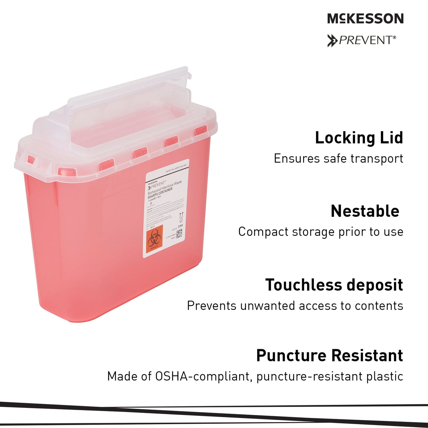 McKesson Prevent® Sharps Container Red Base 11 H X 12 W X 4-3/4 D Inch Horizontal Entry 1.35 Gallon (854862_CS)