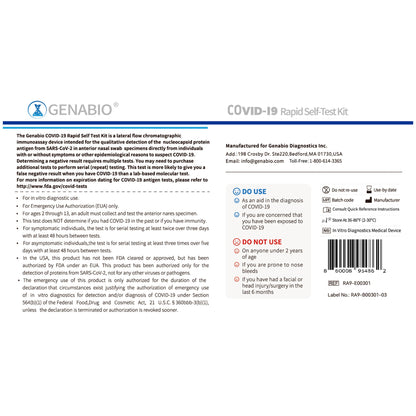 Genabio® Respiratory Test Kit COVID-19 Rapid Self-Test 1 Test per Kit (1271384_PK)