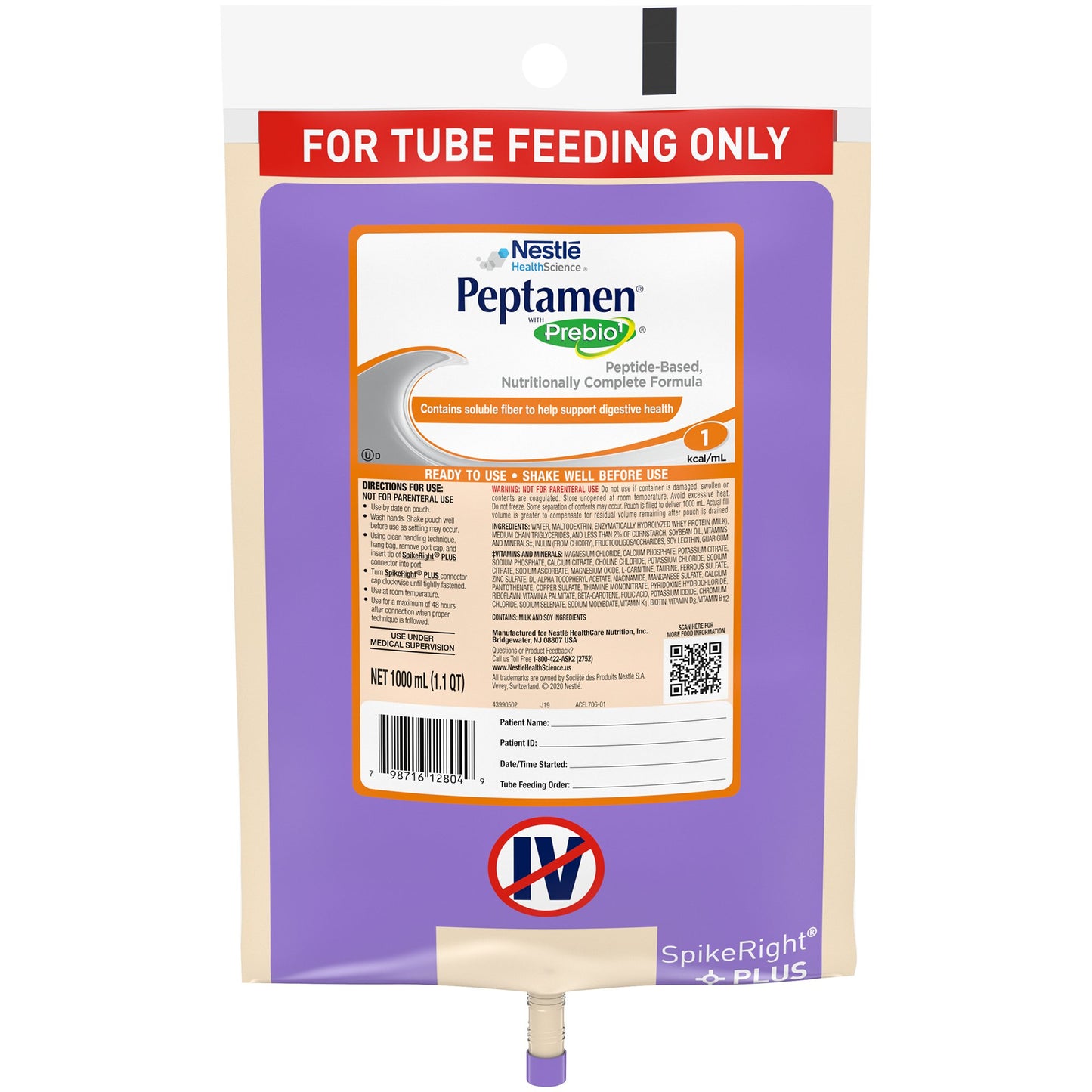 Peptamen® with Prebio 1™ Tube Feeding Formula Unflavored Liquid 1000 mL Ready to Hang Prefilled Container (662498_EA)