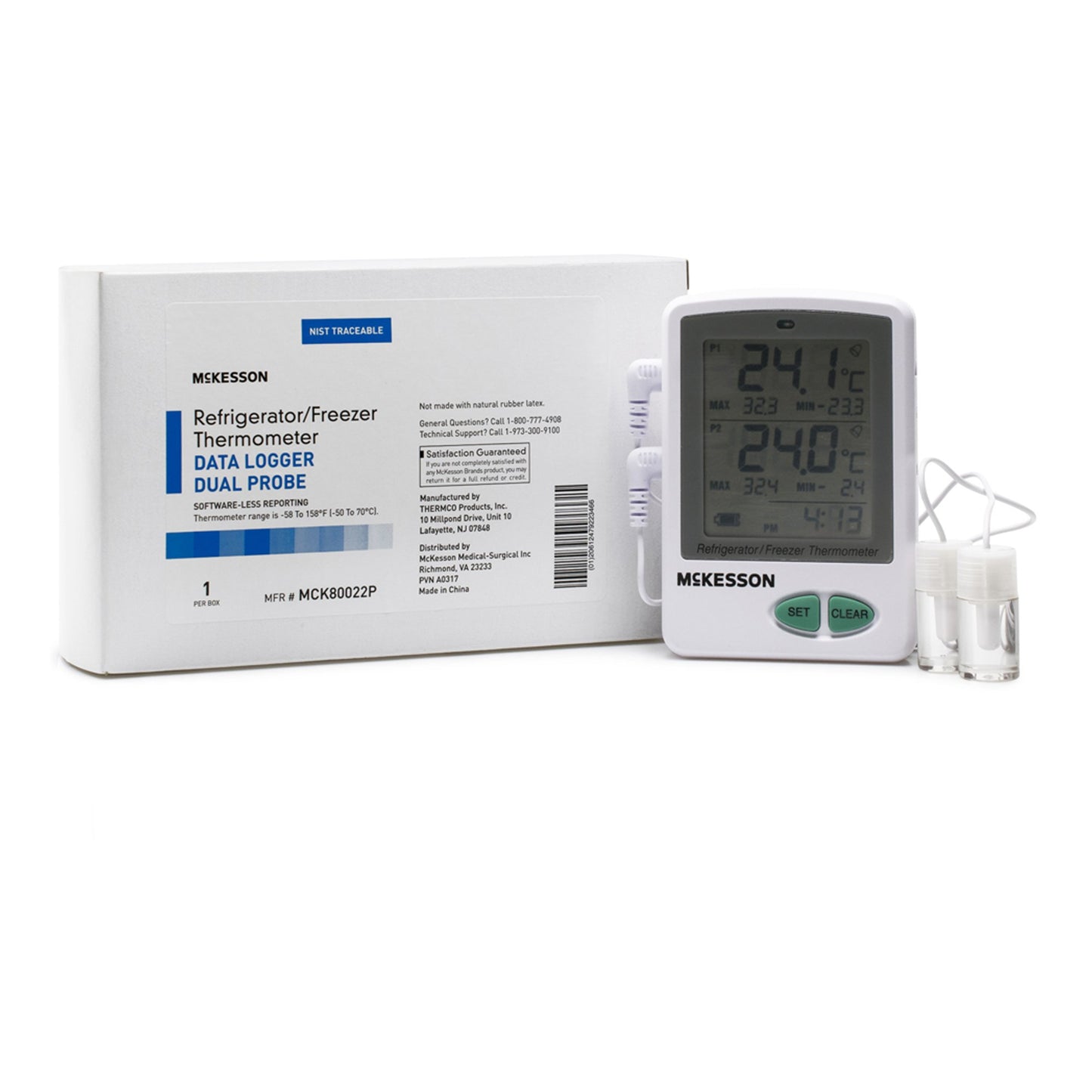 McKesson Datalogging Refrigerator / Freezer Thermometer with Alarm Fahrenheit / Celsius -58° to +158°F (-50° to +70°C) 2 Glycol Bottle Probes / Internal Sensor Flip-out Stand Battery Operated (1074442_EA)