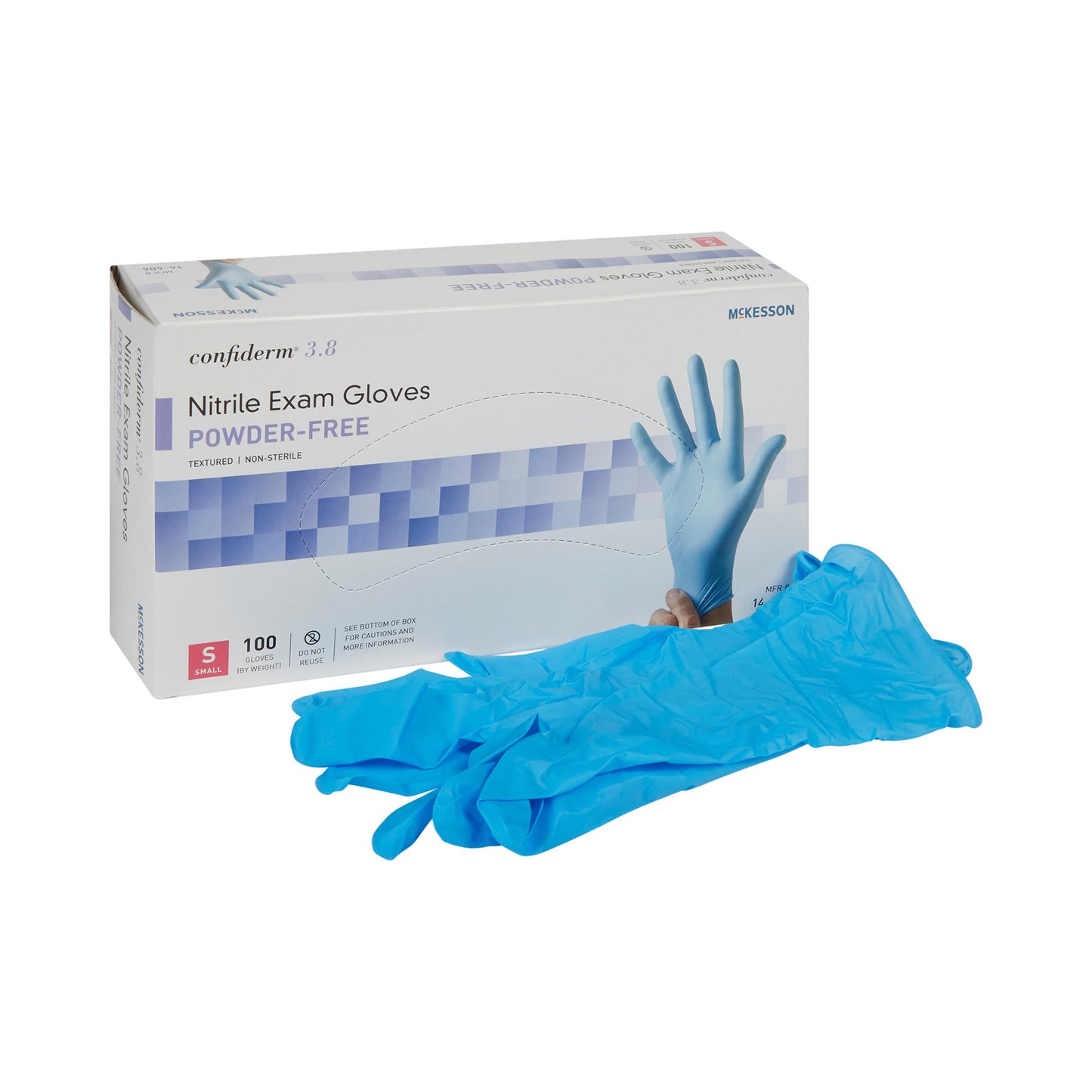 McKesson Confiderm® 3.8 Exam Glove Small NonSterile Nitrile Standard Cuff Length Textured Fingertips Blue Not Rated (921610_CS)