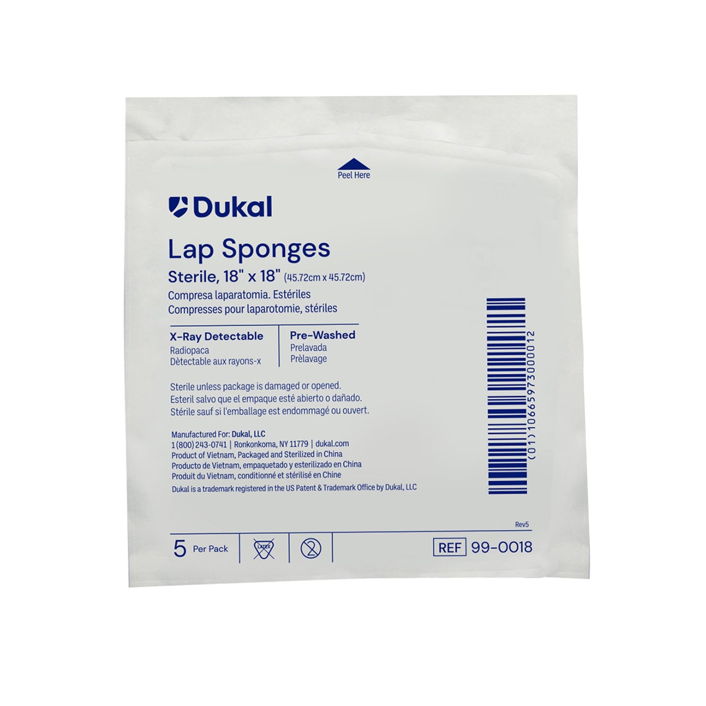 Dukal Surgical Laparotomy Sponge X-Ray Detectable Cotton 18 X 18 Inch 5 Count Pack Sterile (943840_PK)