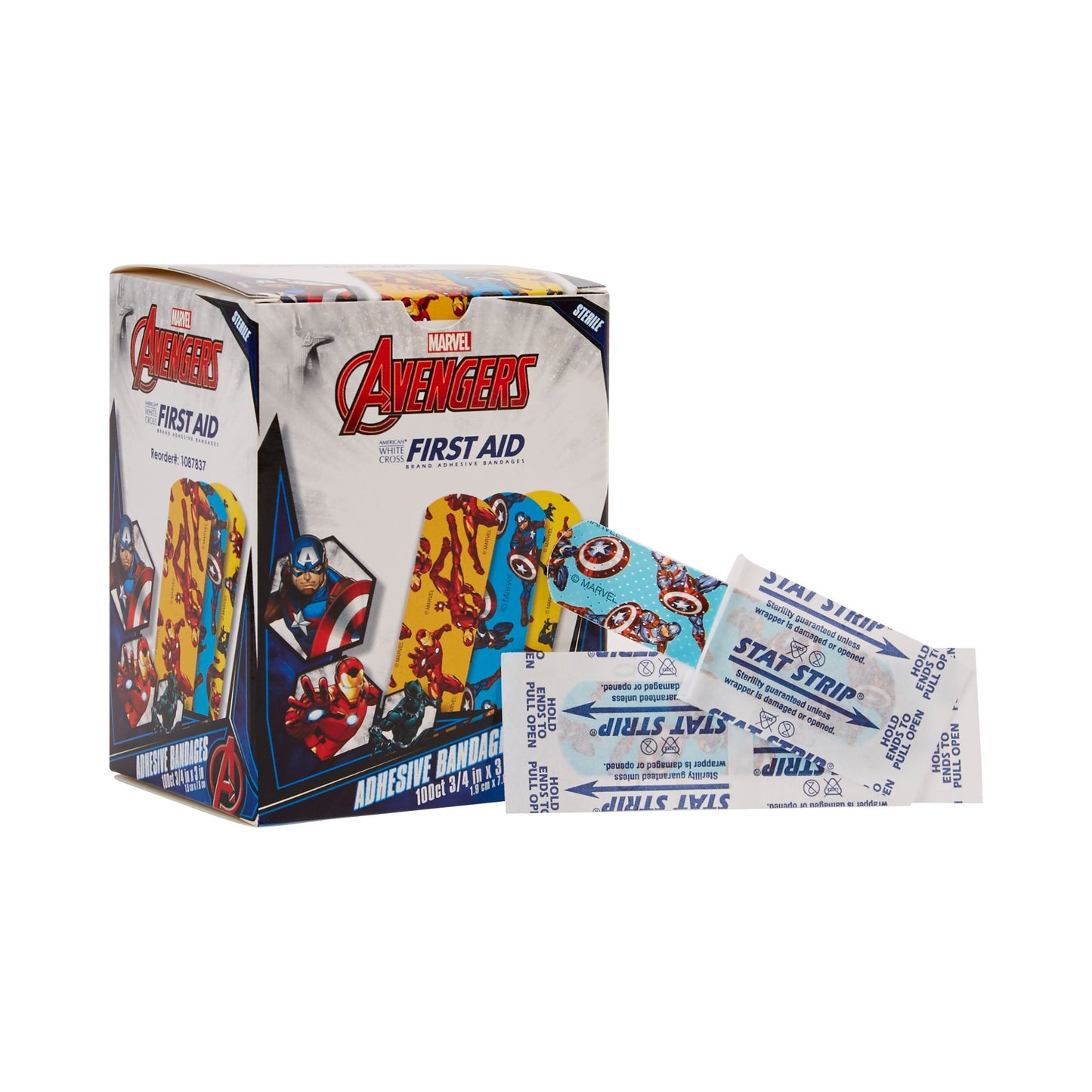 American® White Cross Stat Strip® Adhesive Strip 3/4 X 3 Inch Plastic Rectangle Kid Design (Black Panther / Captain America / Iron Man) Sterile (897043_BX)