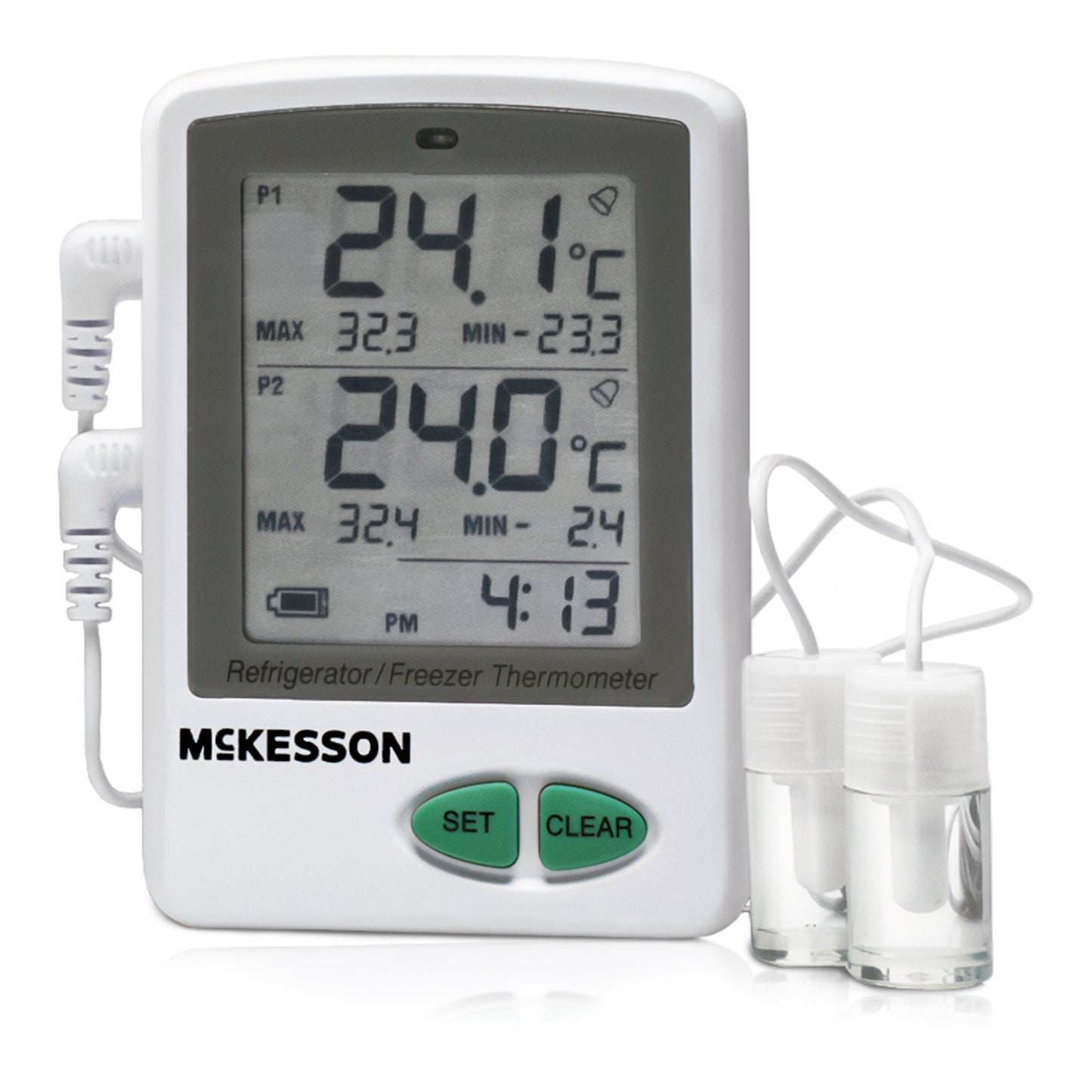 McKesson Datalogging Refrigerator / Freezer Thermometer with Alarm Fahrenheit / Celsius -58° to +158°F (-50° to +70°C) 2 Glycol Bottle Probes / Internal Sensor Flip-out Stand Battery Operated (1074442_EA)